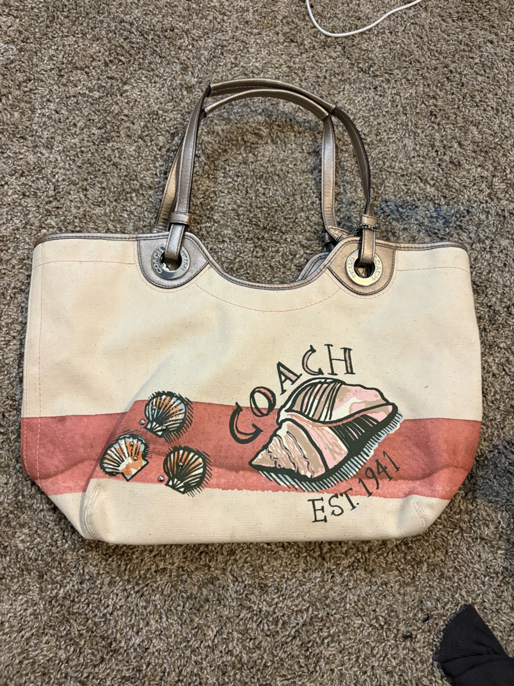 Coach Cream Canvas Tote with Coral Stripe & Shell Motif